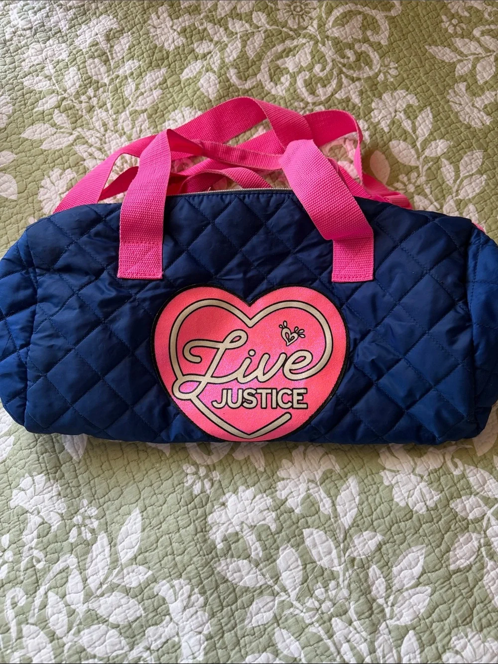 Justice Navy Quilted Mini Bag with Hot Pink Heart & Straps. In perfect conditio.